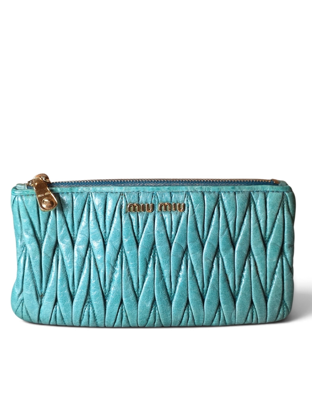 Miu Miu Turquoise Quilted Leather Pouch Wallet